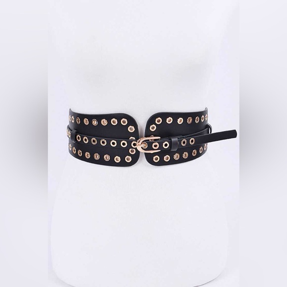 Black Grommet Vegan Leather Statement Belt - Picture 1 of 8